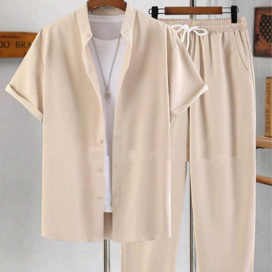 Buycenter Men's Short Sleeve Cardigan Suit - Casual Cotton Shirt & Pants - Buy Center US