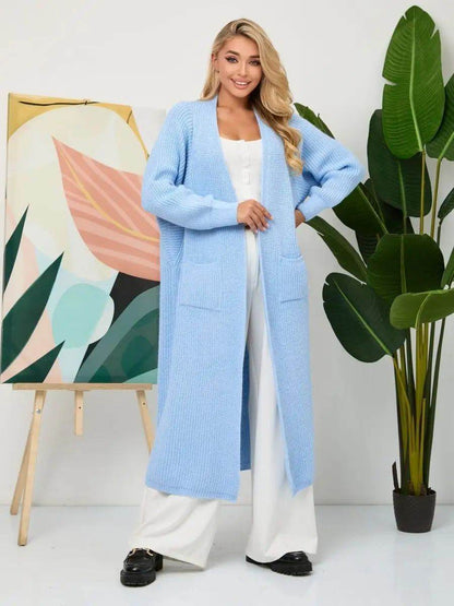 Women's Long Knitted Cardigan - Buckle-Free Loose Fit Coat, Solid Colors - Buy Center US