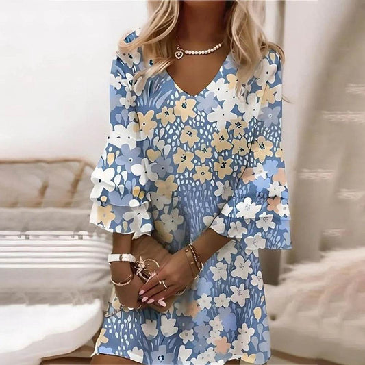 Summer Flared Sleeve Midi Dress - Elegant 3D Floral Print, V-Neck Design - Buy Center US
