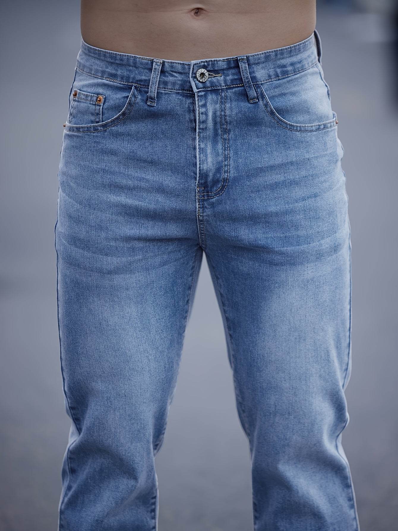 Men's Light Blue Washed Jeans - Embroidered, Relaxed Fit for Casual Style - Buy Center US