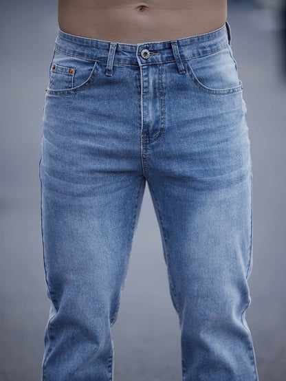 Men's Light Blue Washed Jeans - Embroidered, Relaxed Fit for Casual Style - Buy Center US