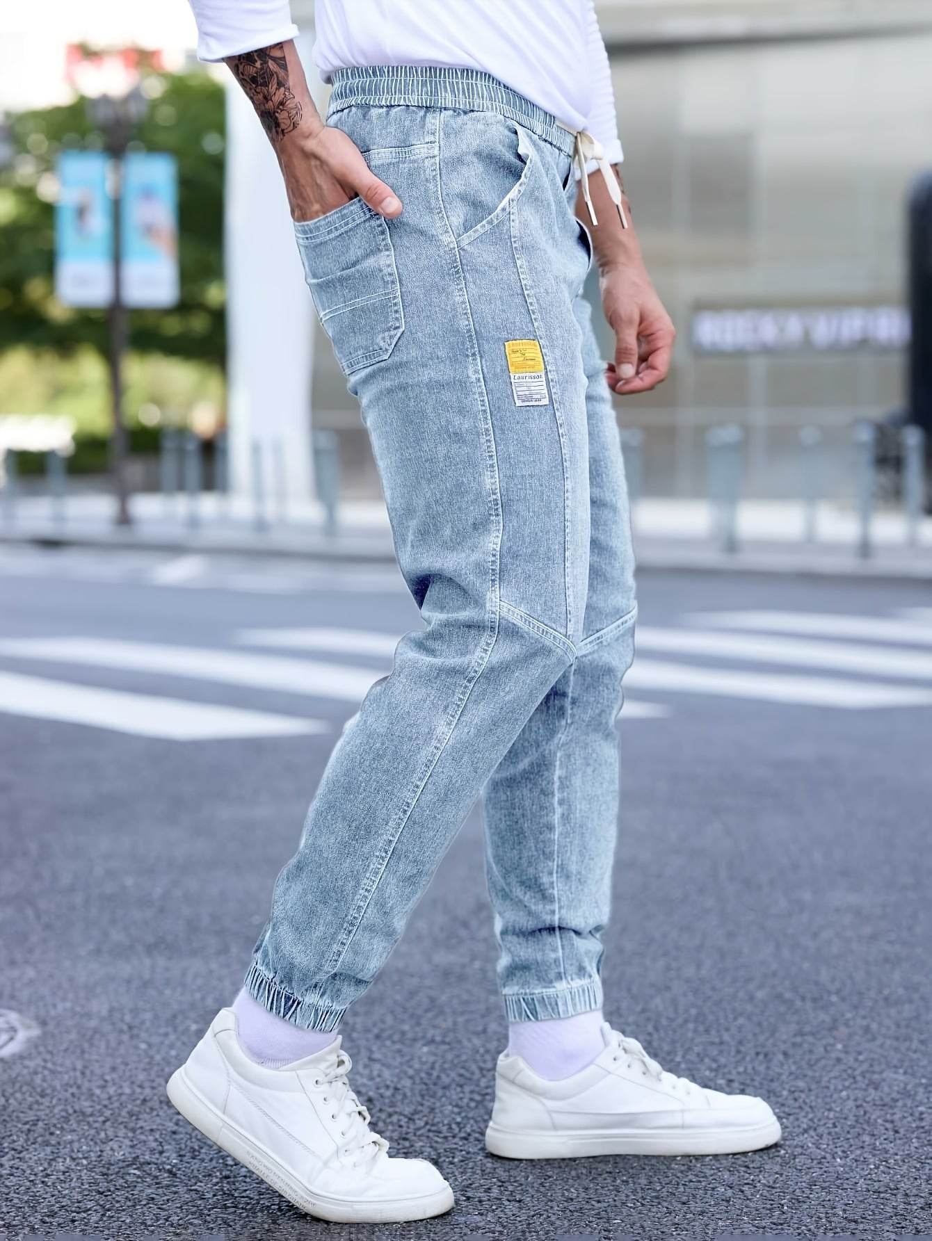 Men's Cropped Denim Pants with Pockets - Casual Drawstring Cotton Blend - Buy Center US