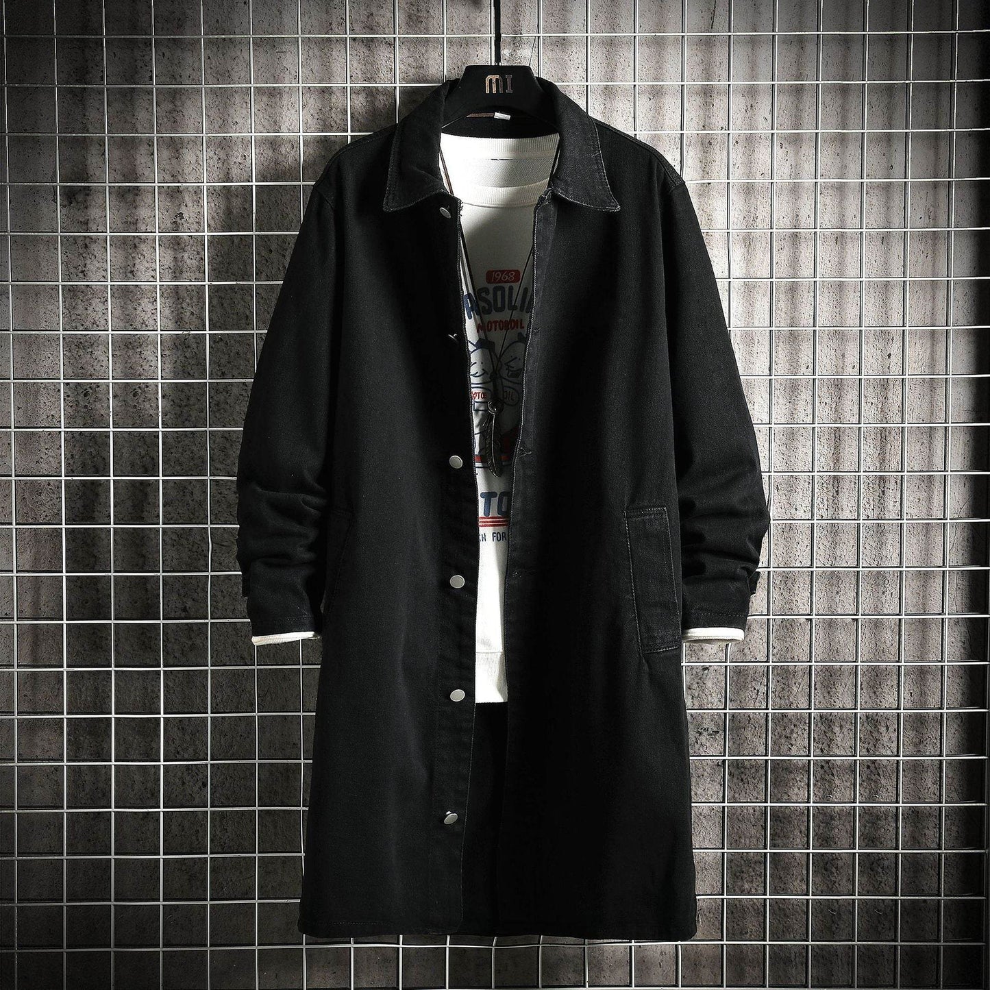Buycenter Men's Denim Trench Coat - Casual Loose Fit, Mid-Length Style - Buy Center US