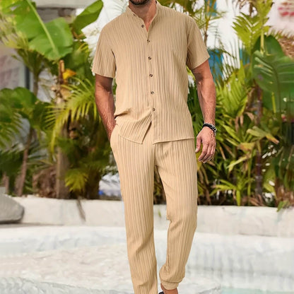 Men's Casual Spring/Summer Textured Stripe Short Sleeve Pants Set - Buy Center US