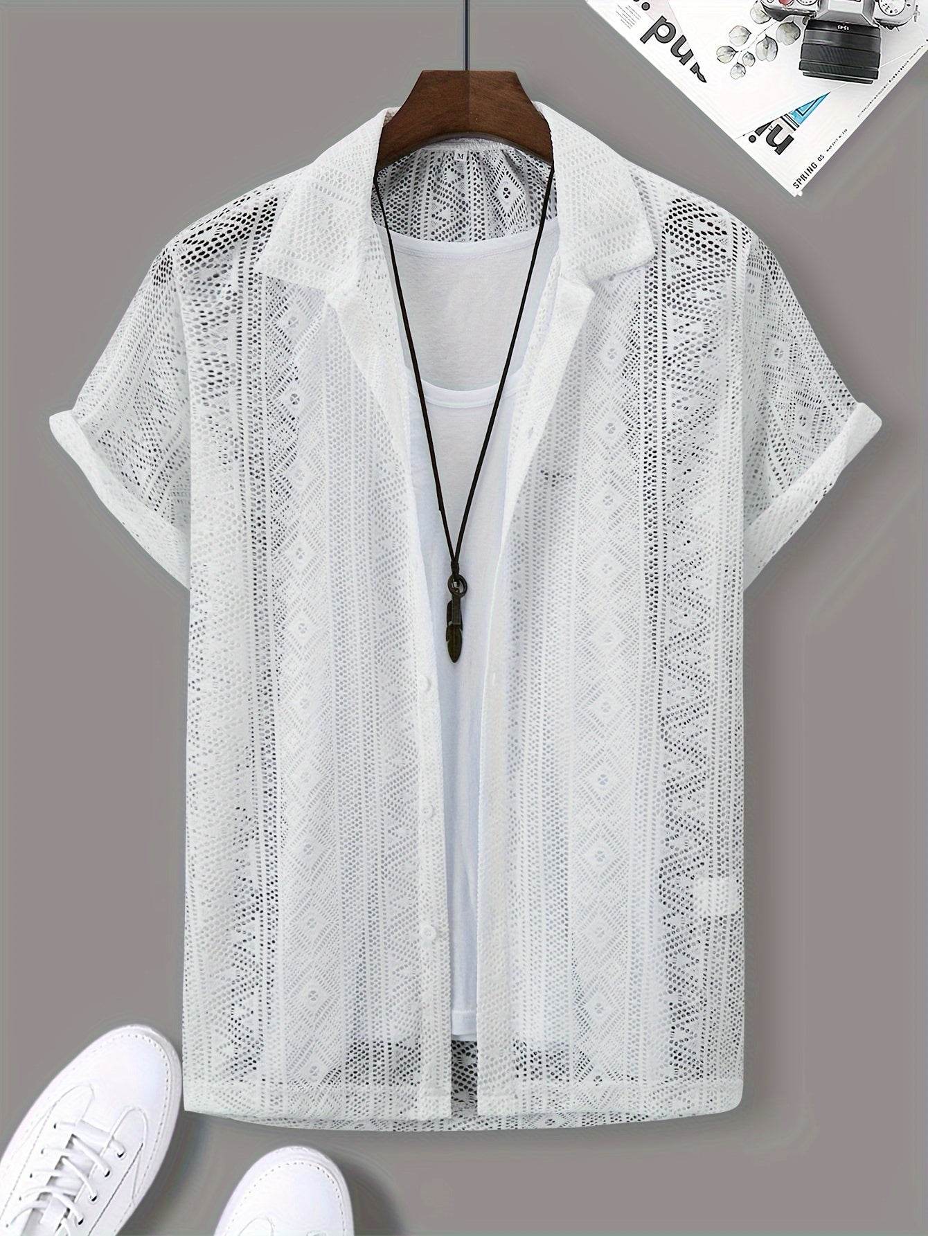 Men's Casual Lapel Button-Up Shirt - Geometric Print, Short Sleeve Summer Style - Buy Center US
