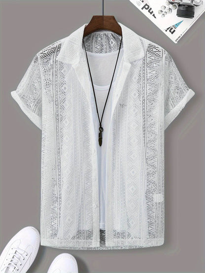 Men's Casual Lapel Button-Up Shirt - Geometric Print, Short Sleeve Summer Style - Buy Center US