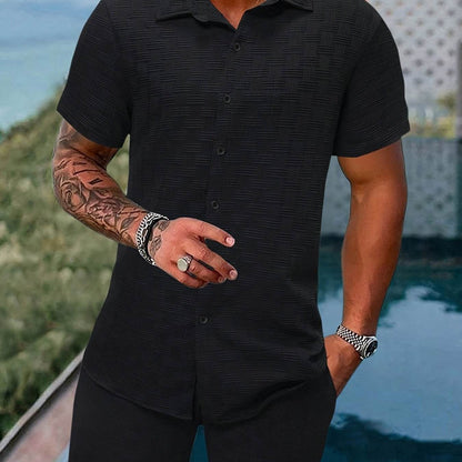 Men's Spring/Summer Striped Two-Piece Suit - Casual Short-Sleeve Shirt & Shorts - Buy Center US