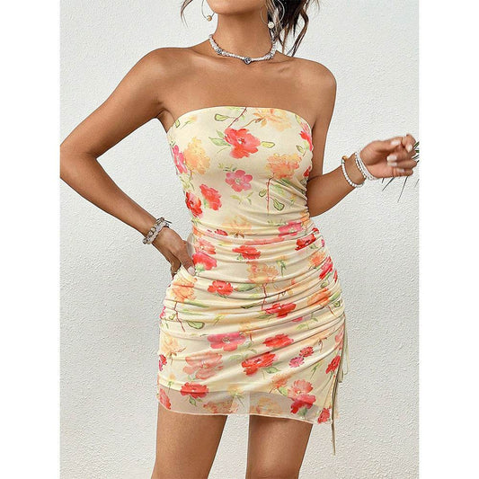 Lace Printed Tube Top Dress - Stylish Polyester Outfit for Women - Buy Center US