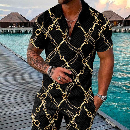 Men's 3D Printed Geometric Zip Lapel Shirt Set - Summer Fashion Outfit - Buy Center US