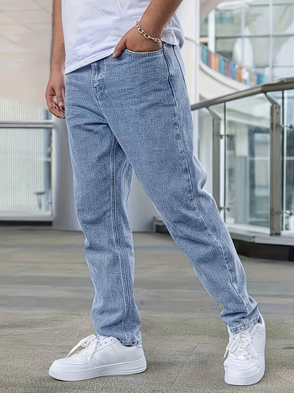 Men's Denim Jeans - Fashionable Light Blue Straight-Leg Style with Pockets - Buy Center US