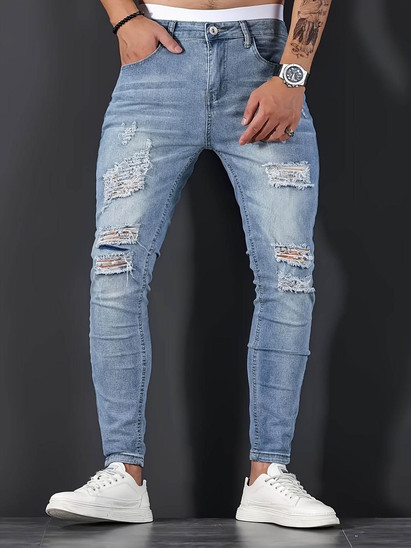Slim-Fit Ripped Jeans for Men - Casual Fashion with Medium Stretch - Buy Center US