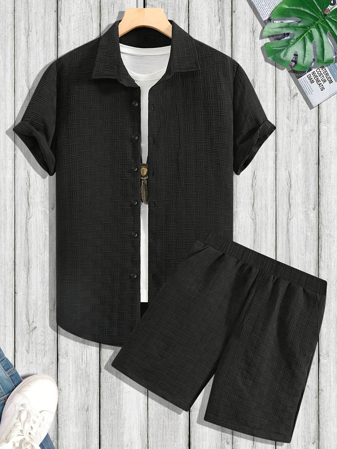 Men's Casual Short-Sleeve Shirt and Shorts Set - Solid Color Outfit - Buy Center US