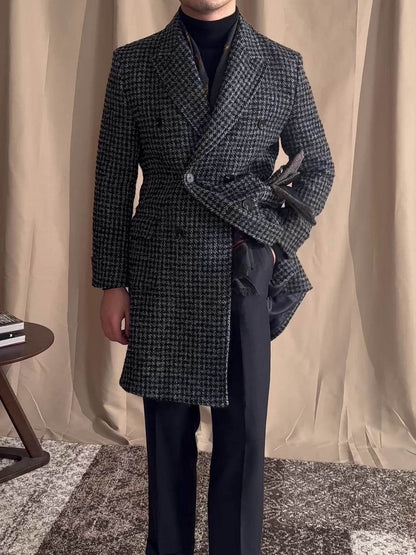 Buycenter Mid-Length Houndstooth Coat - Stylish Double Breasted Wool - Buy Center US
