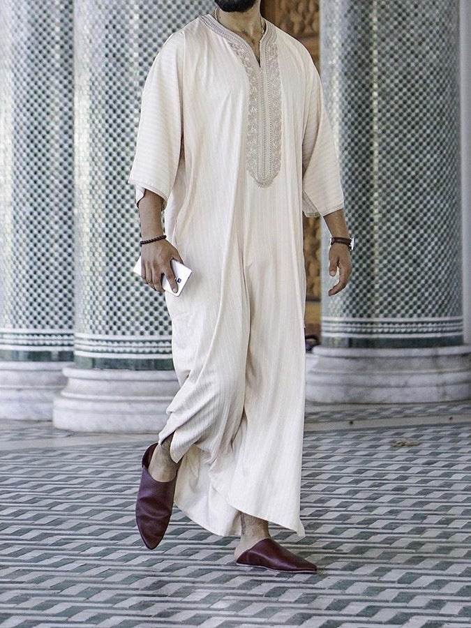 Buycenter Ethnic Style Loose Casual Muslim Robe - Embroidery, Linen Fabric - Buy Center US