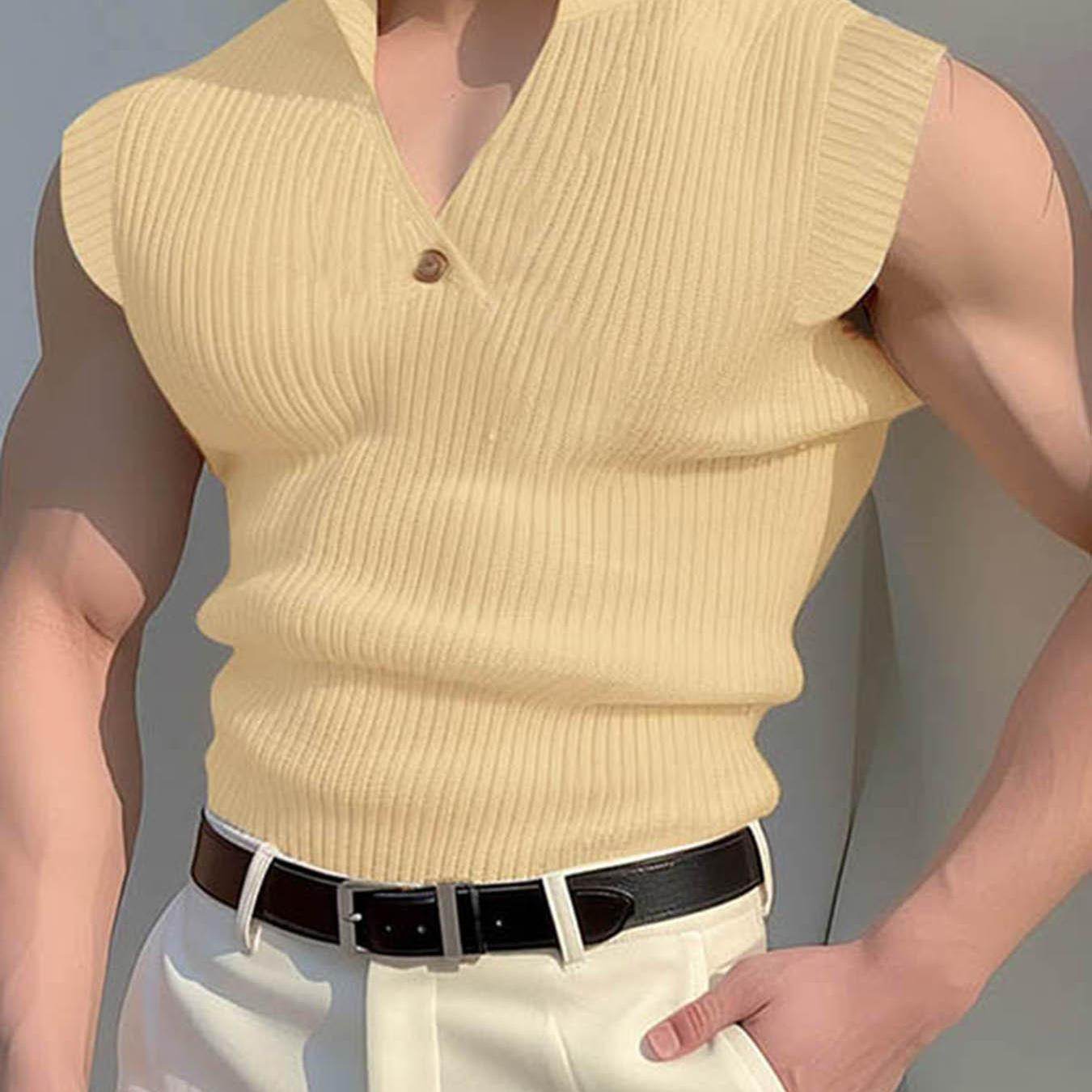 Men's Casual Ribbed Knit Sleeveless Shirt - Lapel Collar Button-Up Tank - Buy Center US