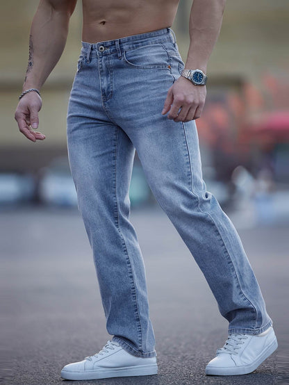 Men's Light Blue Washed Jeans - Embroidered, Relaxed Fit for Casual Style - Buy Center US