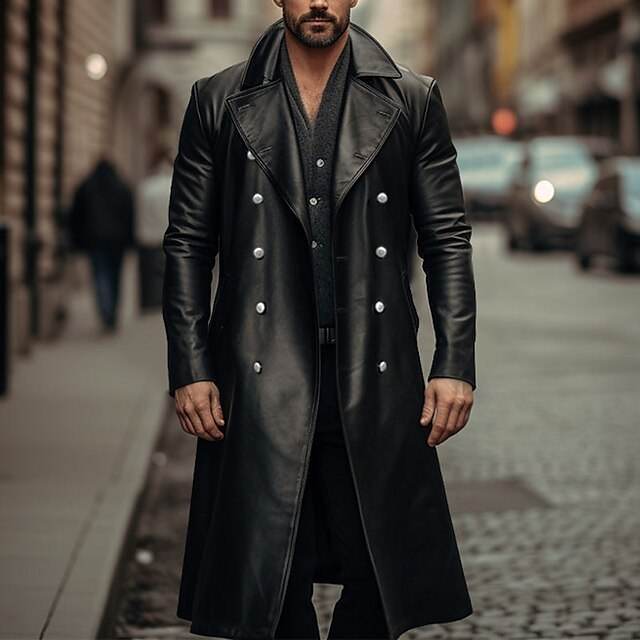 Buycenter Men's Double-Breasted Long Trench Coat - Leather Style & Sizes - Buy Center US