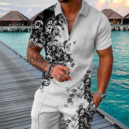 Men's Summer 3D Printed Geometric Zip Lapel Shirt Set - Hip Hop Style - Buy Center US