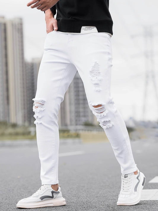 Men's Ripped Skinny Jeans - Stretch Denim Casual Wear | Distressed White/Black - Buy Center US