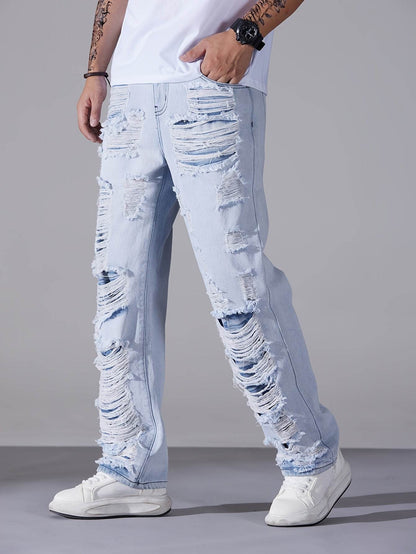 Men's Casual Distressed Denim Jeans - Solid Color, Regular Fit, Ripped Details - Buy Center US
