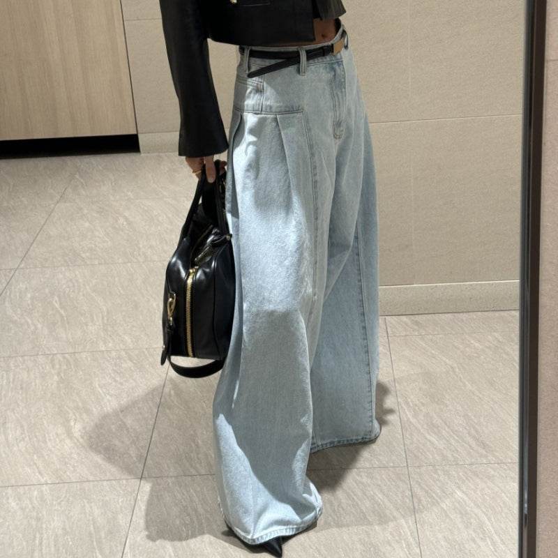 Women's High Waist Pleated Wide-Leg Jeans - Korean Style, Blue or White - Buy Center US