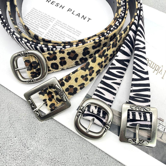 Leopard Print and Zebra Print Belt - Thick Round/Square Buckle Style - Buy Center US