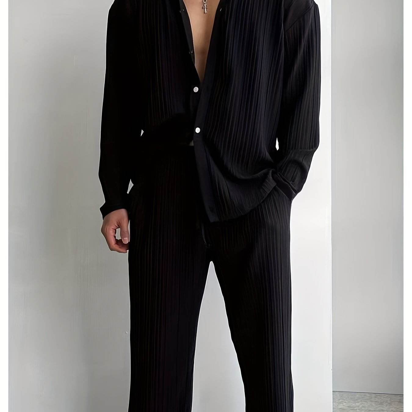Men's Elegant Striped Button-Up Shirt & Pants Set - V-Neck Beach Attire - Buy Center US