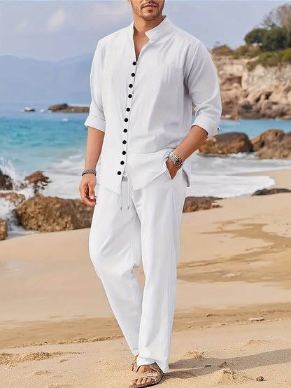 Stylish Men's White Print Outfit - Casual Shirt & Shorts Set for All Seasons - Buy Center US