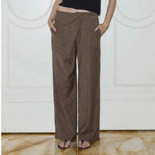 Women's Casual Striped Trousers - Loose Fit Lace Up Pants in Dark Brown - Buy Center US