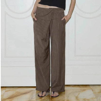 Women's Casual Striped Trousers - Loose Fit Lace Up Pants in Dark Brown - Buy Center US