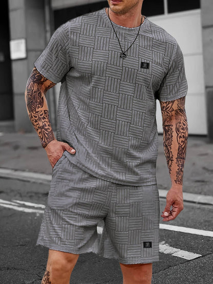 Men's Summer Casual Outfit - Striped Crew Neck T-Shirt & Drawstring Shorts - Buy Center US