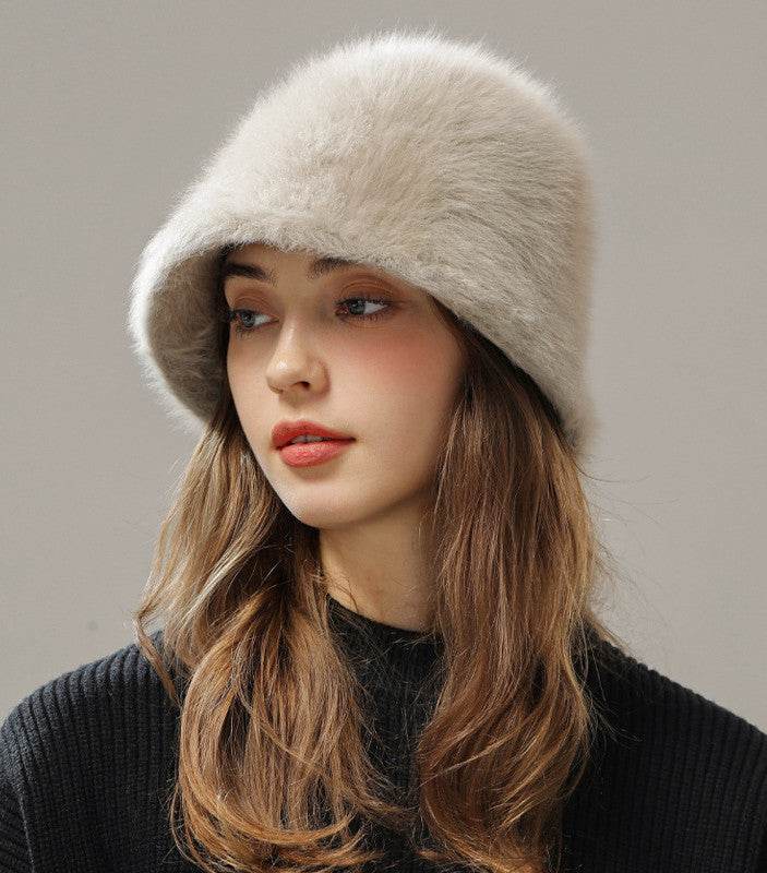 Big Head Circumference Real Rabbit Plush Hat - Milky White & Khaki - Buy Center US