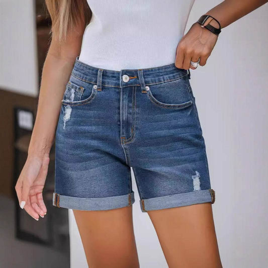 High Waist Straight Slim-fit Denim Shorts - Dark Blue, Medium Elastic - Buy Center US