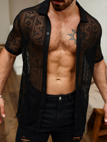 Men's Casual Lapel Button-Up Shirt - Geometric Print, Short Sleeve Summer Style - Buy Center US