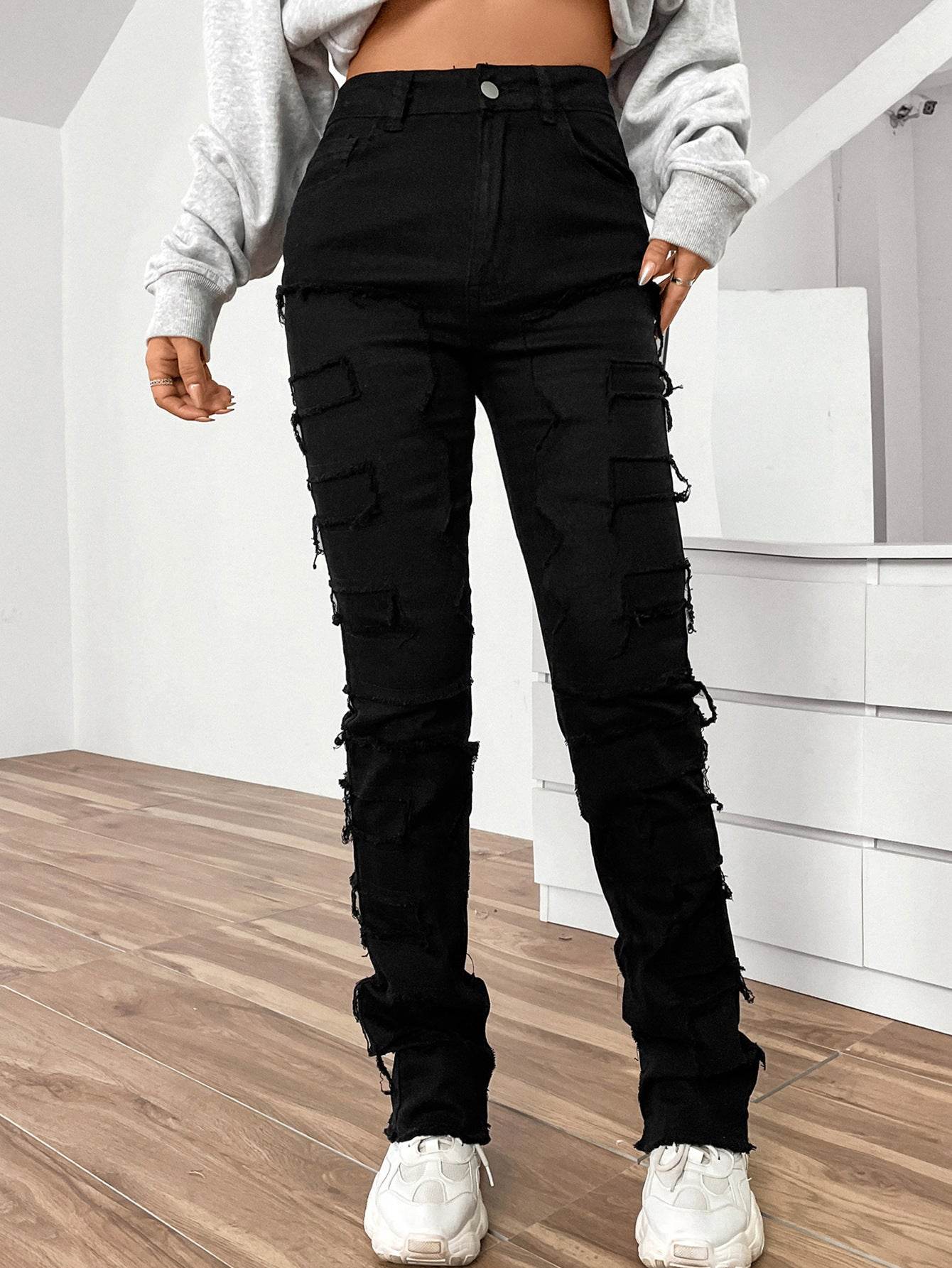 Women's Embroidered Straight-Leg Jeans - Fashionable Patchwork Design - Buy Center US