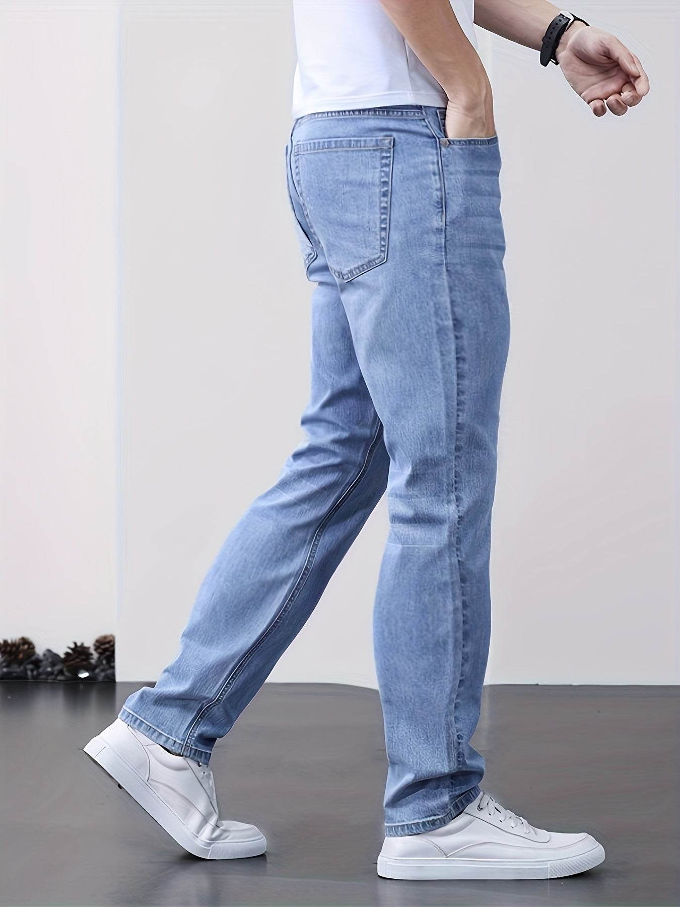Men's Classic Blue Jeans - Lightweight Stretch Denim, Slim Fit Design - Buy Center US