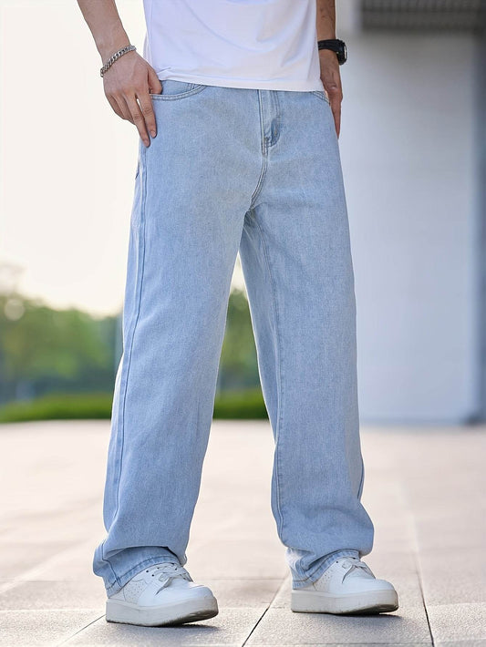 Men's Loose Fit Straight Leg Jeans - Washed Blue, All-Season Comfort - Buy Center US