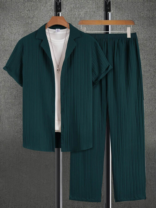 Men's Casual Plaid Suit Set - Short Sleeve Lapel Shirt & Pants - Buy Center US