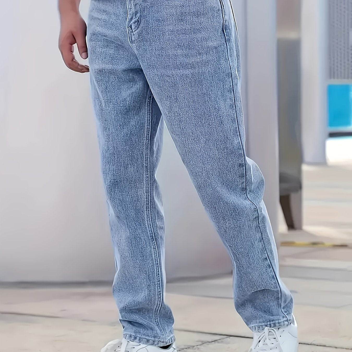 Loose Fit Washed Blue Denim Jeans - All-Season Casual Cotton Blend - Buy Center US