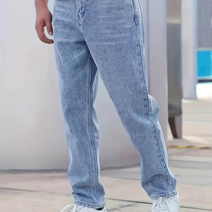 Loose Fit Washed Blue Denim Jeans - All-Season Casual Cotton Blend - Buy Center US