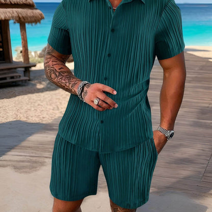 Stylish Summer White French Striped Suit for Men - Short Sleeve & Pants - Buy Center US