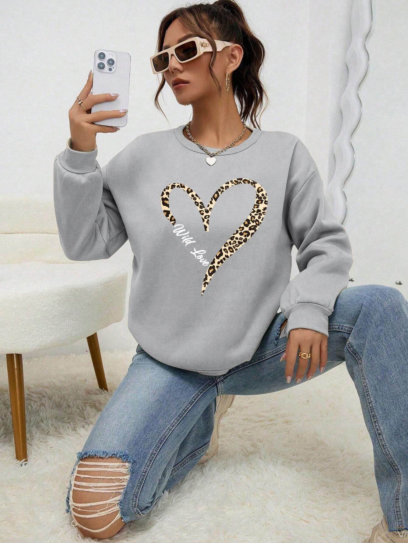 Leopard Wild Heart Pattern Female Sweatshirt Set - Stylish & Comfy - Buy Center US