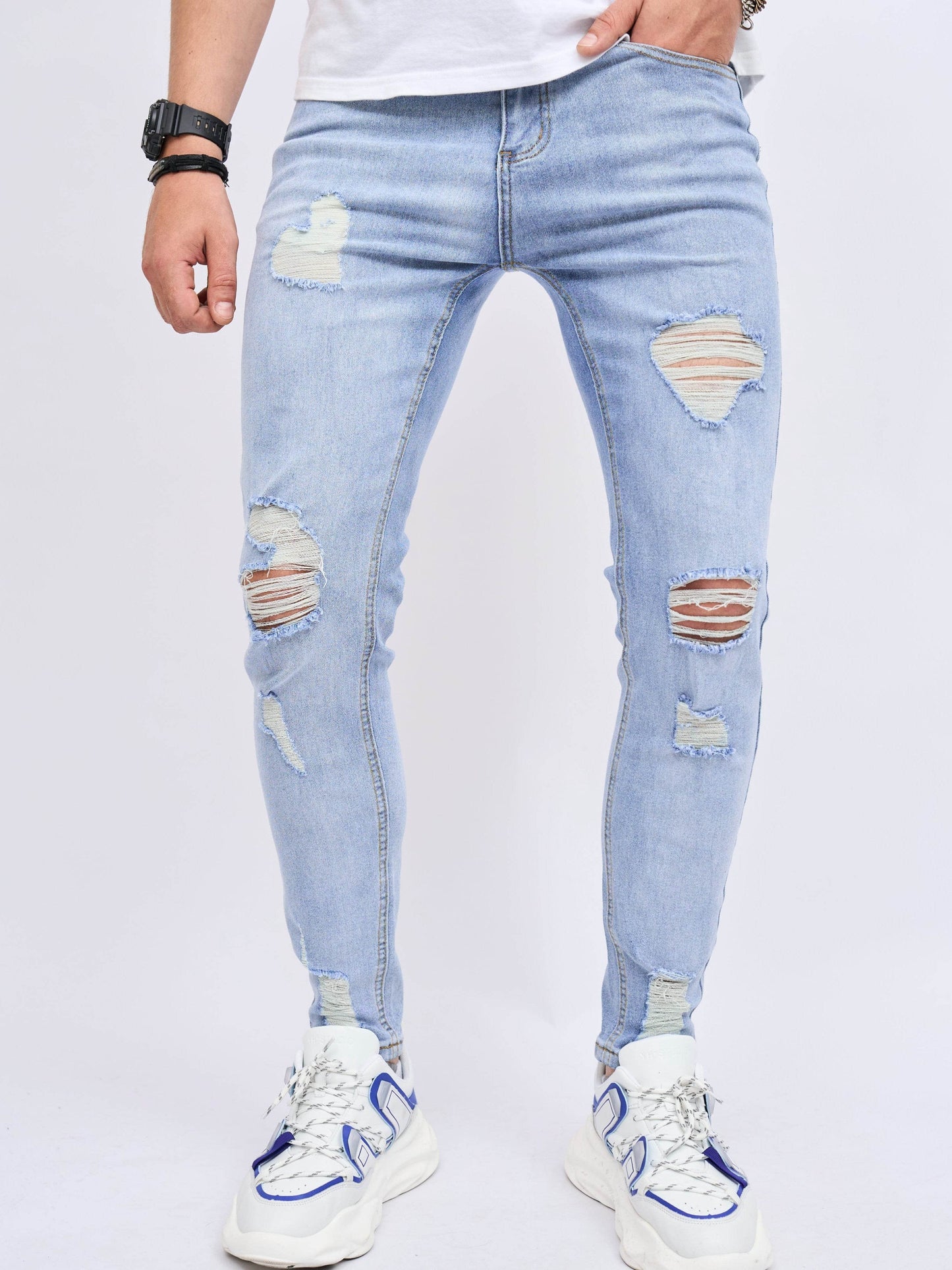 Men's Cotton Blend Distressed Jeans - Chic Slim Fit for All Seasons - Buy Center US