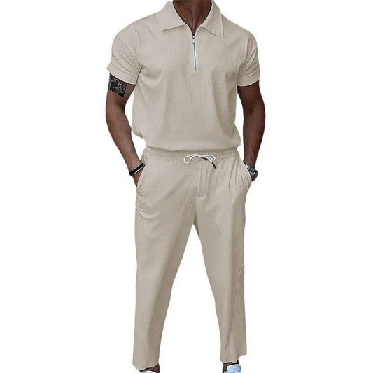 Stylish Men's Polo Collar Trousers Suit - Short Sleeve, Solid Colors - Buy Center US