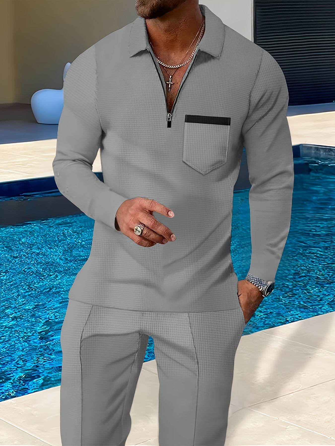 Men's Casual Long-Sleeve Pantsuit - Zipper Detail, Regular Fit, Polyester - Buy Center US