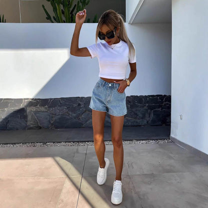 Rhinestone Women's Straight Denim Shorts - Stylish Black & Blue Options - Buy Center US