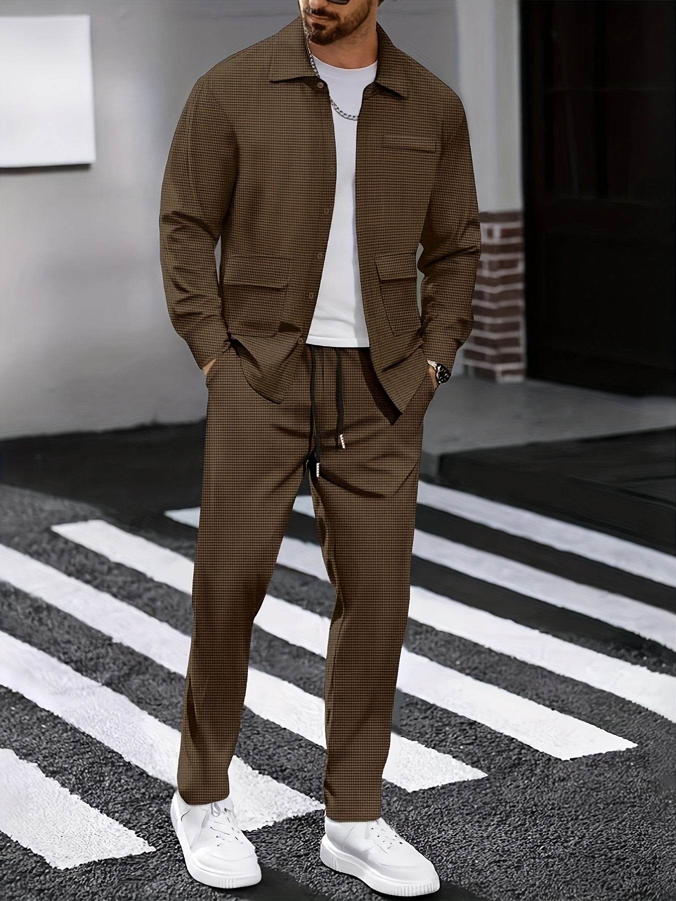 Men's Versatile Long-Sleeve Shirt & Jogger Set - 8 Shades for Every Occasion - Buy Center US