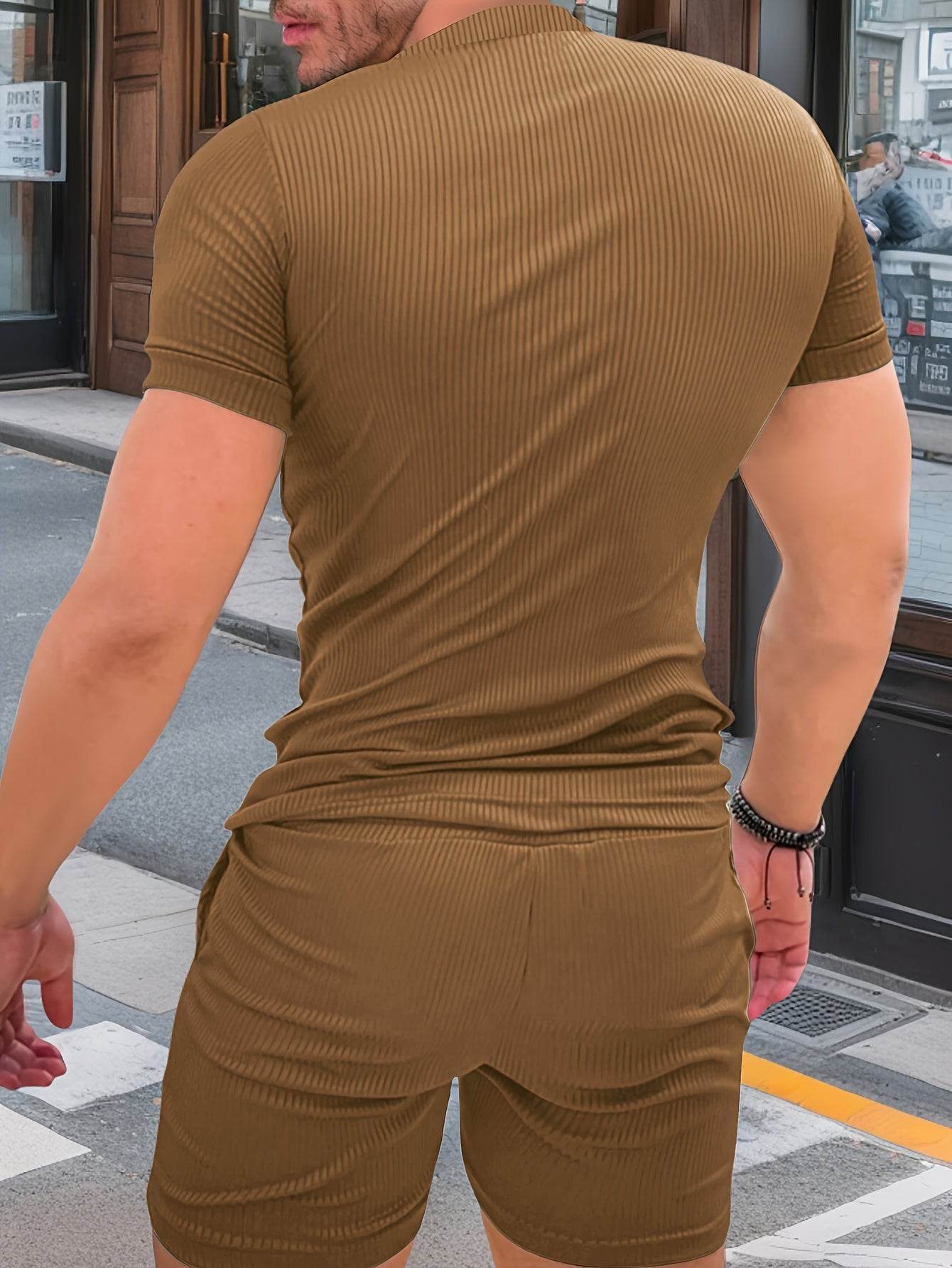 Men's Casual Two-Piece Set - Solid Color Short Sleeve Top & Drawstring Shorts - Buy Center US