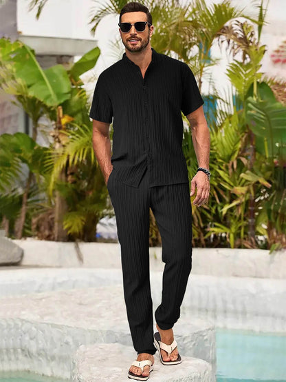 Men's Casual Spring/Summer Textured Stripe Short Sleeve Pants Set - Buy Center US