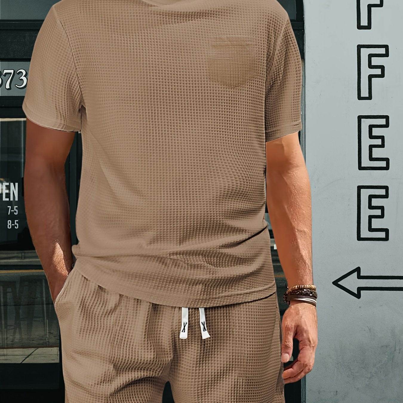 Casual Men's Sports Outfit - Waffle Henley T-Shirt & Stylish Beach Shorts - Buy Center US